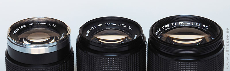 Canon lens FD 135mm f/3.5 chrome nose, FD 135mm f/3.5 S.C., FD 135mm f/2.5 S.C.