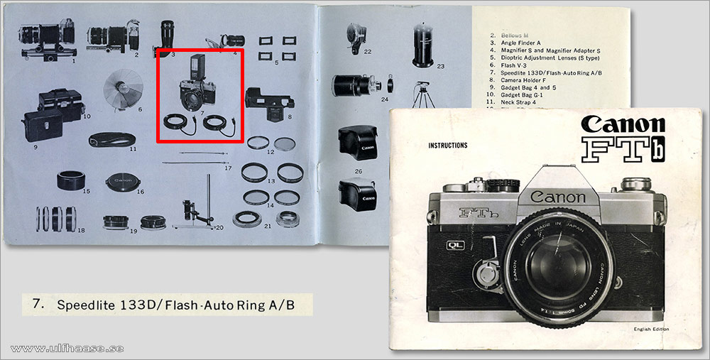 Canon Flash Auto Ring and Canon Speedlite 133D in the instruction booklet for Canon FTb manual June 1972